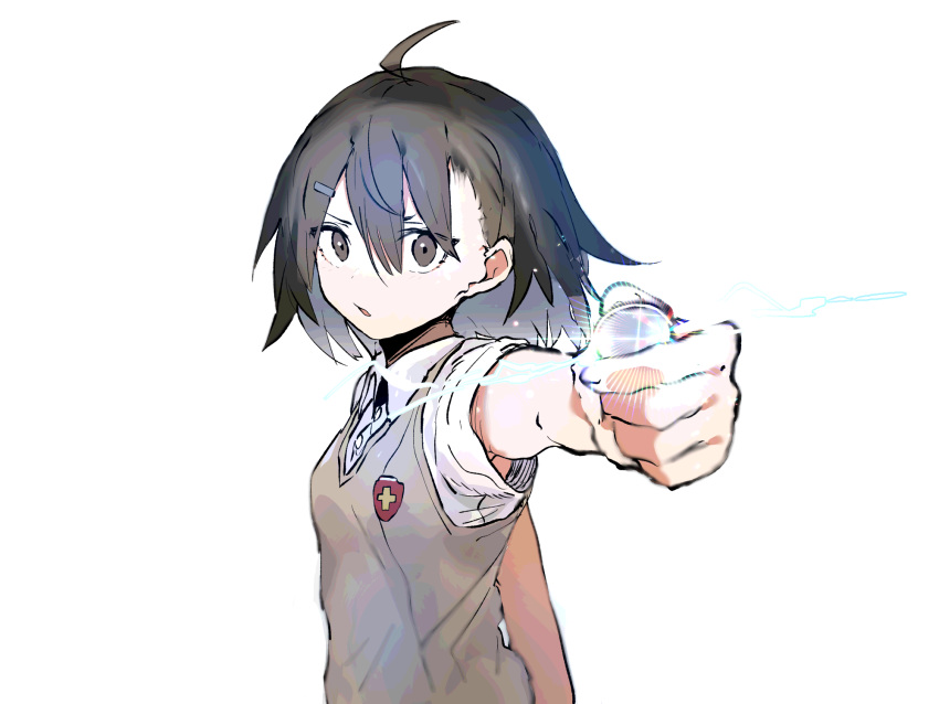 1girl ahoge biribiri black_hair brown_eyes coin ddari grey_vest hair_ornament hairclip highres holding holding_coin looking_at_viewer misaka_mikoto parted_lips shirt short_hair short_sleeves simple_background solo sparks to_aru_majutsu_no_index upper_body vest white_background white_shirt