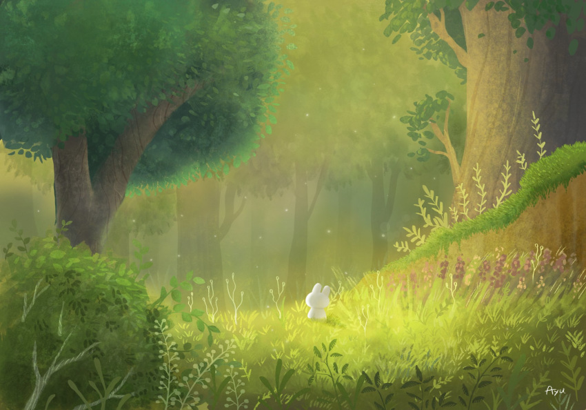 animal ayu_(mog) fern forest grass highres nature no_humans original rabbit shadow signature solo sunlight tree