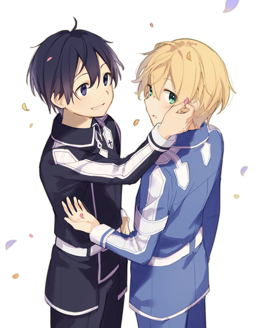2boys ahoge bangs belt black_hair black_jacket black_pants blonde_hair blue_eyes blue_jacket blue_pants blush commentary_request eugeo green_eyes hand_on_another's_face highres holding jacket jewelry kirito long_sleeves looking_at_another looking_at_viewer lower_teeth male_focus multiple_boys noro_(ro_no) open_mouth pants petals short_hair simple_background smile standing sword_art_online uniform violet_eyes white_background white_belt