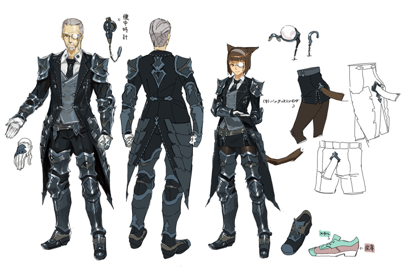 animal_ears armor back black_coat black_gloves black_neckwear blue_eyes brown_hair cat_ears cat_tail character_sheet clenched_hands closed_mouth coat concept_art facial_hair final_fantasy final_fantasy_xiv gloves greaves grey_hair hair_slicked_back hairband hyur kare_huang miqo'te monocle neckwear open_clothes open_coat open_hand pauldrons red_eyes short_hair shoulder_armor simple_background smile standing tail vambraces white_background white_gloves