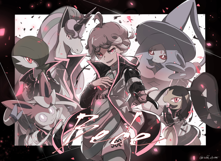1boy ahoge artist_name bede_(pokemon) character_name coat curly_hair galarian_form galarian_rapidash gardevoir gen_3_pokemon gen_6_pokemon gen_8_pokemon gloves hatterene highres leggings long_sleeves looking_at_viewer mawile number odd_(hin_yari) open_mouth partly_fingerless_gloves pink_eyes pokemon pokemon_(creature) pokemon_(game) pokemon_swsh popped_collar shirt shorts single_glove sylveon watermark