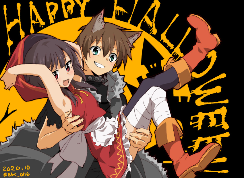 1boy 1girl animal_ears banchii bandaged_leg bandages black_hair black_legwear blush brown_hair carrying dated dress halloween happy_halloween hat jacket kono_subarashii_sekai_ni_shukufuku_wo! megumin open_mouth pout princess_carry red_eyes red_hood satou_kazuma short_hair single_thighhigh smile thigh-highs twitter_username witch_hat wolf_ears