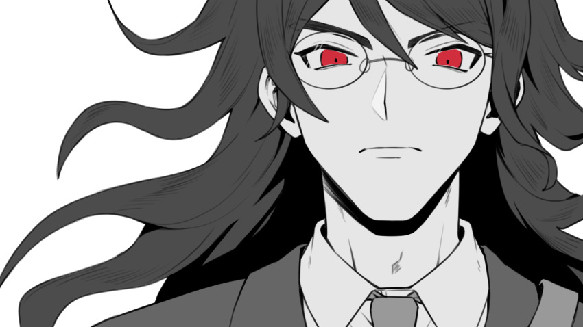 1boy bangs closed_mouth commentary_request dangan_ronpa ewa_(seraphhuiyu) face glasses gokuhara_gonta highres long_hair looking_at_viewer male_focus messy_hair necktie new_dangan_ronpa_v3 portrait red_eyes serious simple_background solo spot_color white_background wing_collar