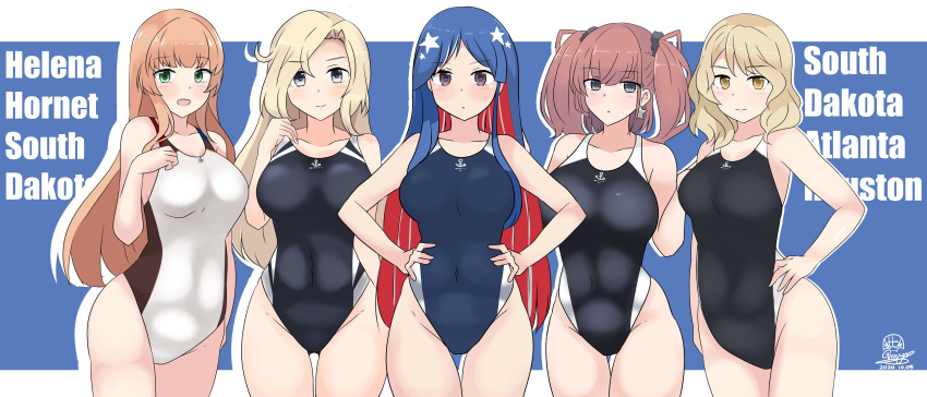 5girls absurdres aqua_eyes atlanta_(kantai_collection) blonde_hair character_name competition_swimsuit earrings helena_(kantai_collection) highres hornet_(kantai_collection) houston_(kantai_collection) jewelry kantai_collection long_hair multicolored_hair multiple_girls noruren one-piece_swimsuit short_hair south_dakota_(kantai_collection) star_(symbol) star_earrings swimsuit twintails violet_eyes yellow_eyes