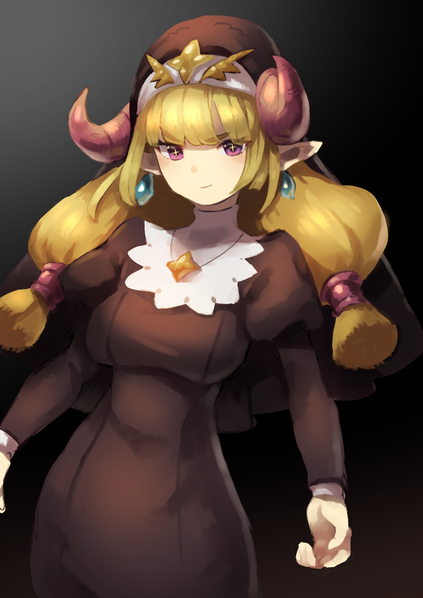 +_+ 1girl absurdres black_background black_dress blonde_hair breasts closed_mouth cowboy_shot demon_horns dress earrings habit highres horns jewelry juliet_sleeves long_hair long_sleeves looking_at_viewer low_twintails medium_breasts necklace okame_nin original pointy_ears puffy_sleeves smile solo twintails urushia_(okame_nin) veil violet_eyes yellow_pupils