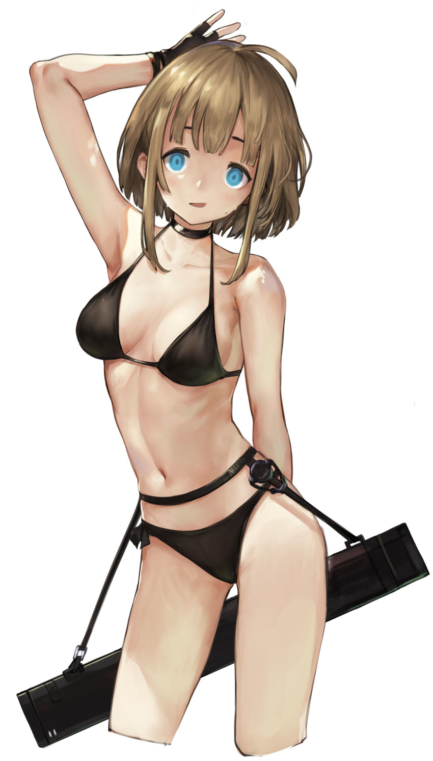 1girl absurdres ahoge aqua_eyes arm_behind_back arm_behind_head armpit_crease armpits bangs bare_shoulders bikini black_bikini black_choker black_gloves blush breasts brown_hair choker collarbone commentary cowboy_shot cropped_legs darkers english_commentary fingerless_gloves gloves highres looking_at_viewer medium_breasts navel object_request open_mouth original pose ribs ringed_eyes short_hair short_hair_with_long_locks sideboob simple_background skinny solo stomach sweat swimsuit white_background