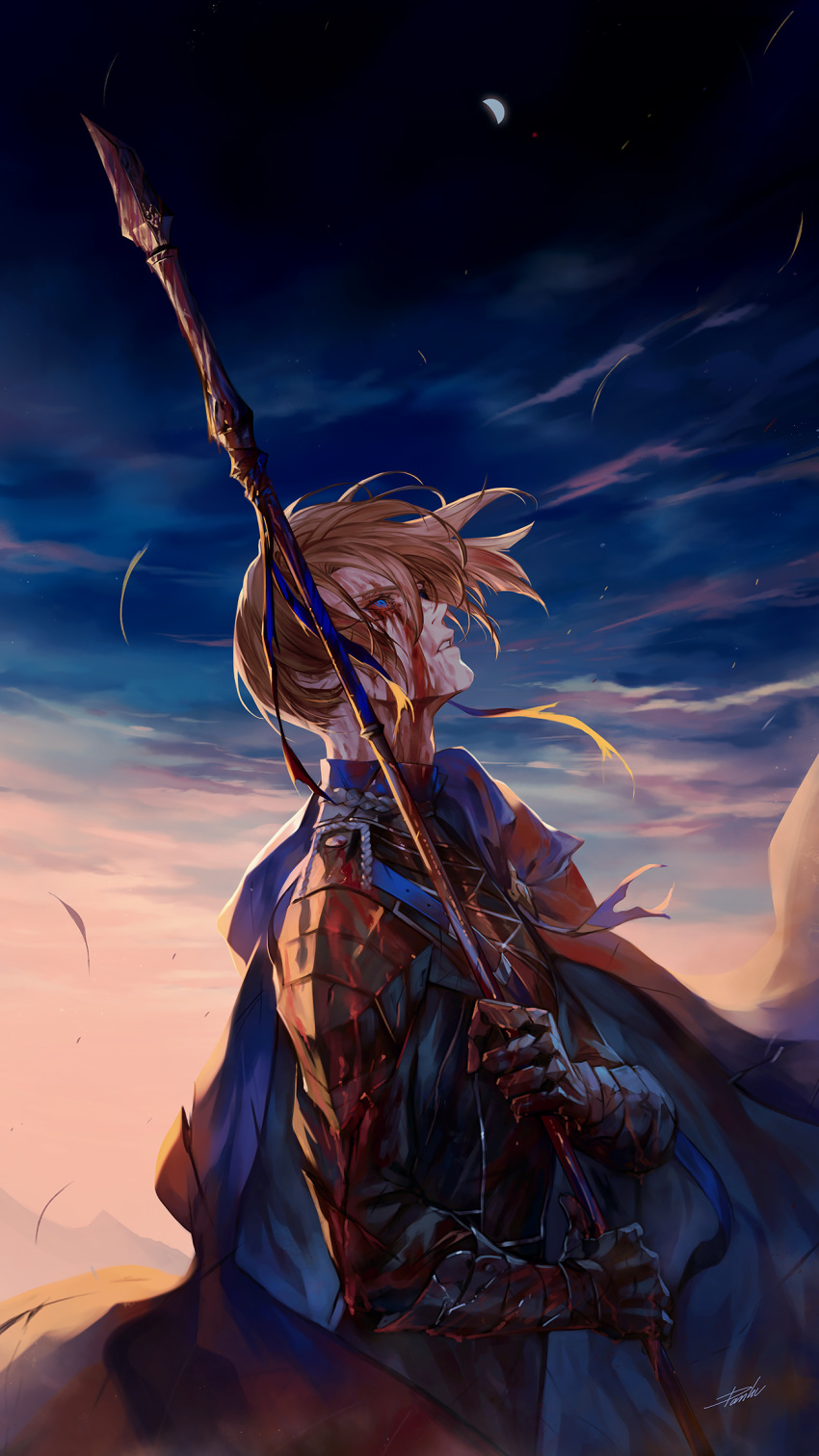 1boy armor black_armor bleeding blonde_hair blood blood_on_face bloody_clothes bloody_weapon blue_cape blue_eyes cape cowboy_shot danhu dimitri_alexandre_blaiddyd fire_emblem fire_emblem:_three_houses garreg_mach_monastery_uniform gauntlets half_moon highres holding holding_spear holding_weapon injury long_sleeves looking_up male_focus moon open_mouth outdoors polearm short_hair signature single_pauldron sky solo spear twilight uniform weapon