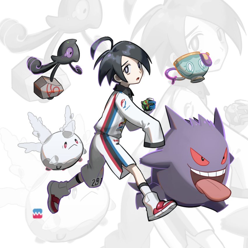 1boy ahoge allister_(pokemon) black_hair collared_shirt commentary_request dusk_ball extraspiky galarian_corsola galarian_form galarian_yamask gen_1_pokemon gen_8_pokemon gengar highres holding holding_poke_ball long_sleeves looking_at_viewer looking_to_the_side number open_mouth poke_ball pokemon pokemon_(creature) pokemon_(game) pokemon_swsh shirt shoes shorts side_slit side_slit_shorts sinistea sleeves_past_wrists socks tongue white_footwear white_legwear