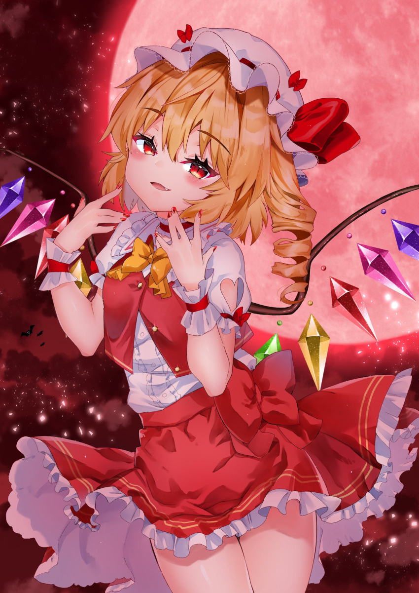 1girl bat blonde_hair bow bowtie buttons clothing_cutout clouds commentary_request cowboy_shot crystal drill_hair eyebrows_visible_through_hair fang flandre_scarlet frilled_shirt_collar frills glint hat hat_bow hat_ribbon heart_cutout highres looking_at_viewer meteor_(yamashou) mob_cap moon one_side_up open_mouth partially_unbuttoned puffy_short_sleeves puffy_sleeves red_bow red_eyes red_moon red_nails red_ribbon red_skirt red_sky red_vest ribbon shirt short_hair short_sleeves skirt sky smile solo thighs touhou vest white_shirt wings wrist_cuffs yellow_bow yellow_neckwear