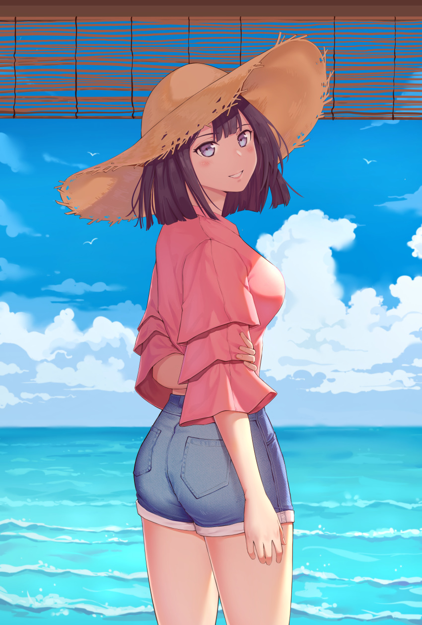 1girl :d absurdres ass bamboo_screen bangs black_hair blouse blue_eyes blunt_bangs blush breasts cowboy_shot day denim denim_shorts from_behind hat highres holding_arm horizon looking_at_viewer looking_back ocean open_mouth original outdoors pink_blouse shade short_shorts shorts smile solo standing straw_hat sunlight twisted_torso yi_fang_xiaosheng