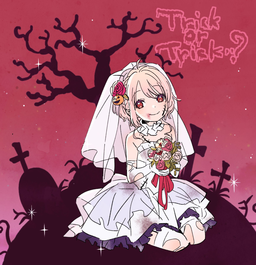 1girl alternate_costume blood blood_on_face bridal_veil dress flower hair_flower hair_ornament hanayori_jyoshiryou highres issindotai kano_(hanayori_jyoshiryou) kneeling looking_at_viewer night pink_hair red_eyes short_hair smile solo tombstone torn_clothes tree veil wedding_dress