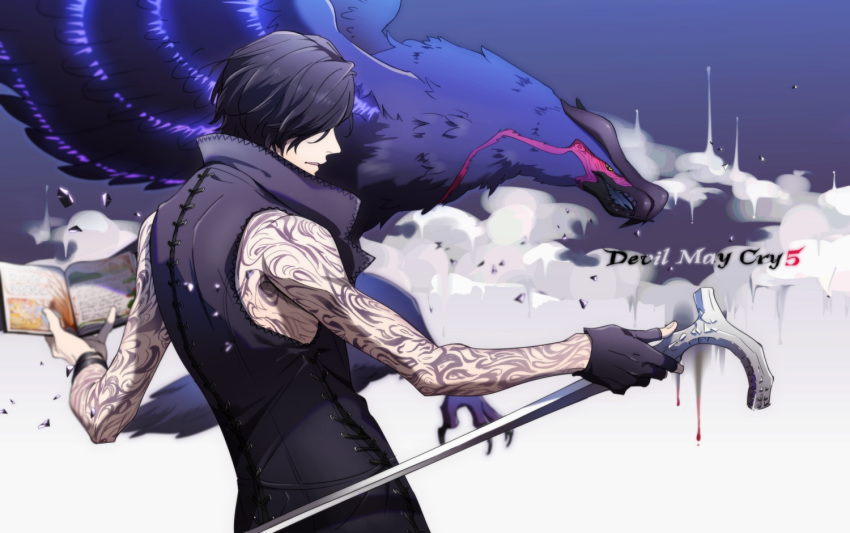 1boy arm_tattoo bird black_coat black_gloves black_hair black_wristband book cane coat commentary_request copyright_name devil_may_cry devil_may_cry_5 familiar fingerless_gloves flying gloves griffon_(devil_may_cry_5) hair_over_eyes holding holding_book holding_cane long_coat looking_away male_focus mohi_(neku_re) open_book open_mouth profile short_hair single_glove sleeveless_coat solo tattoo upper_body v_(devil_may_cry)