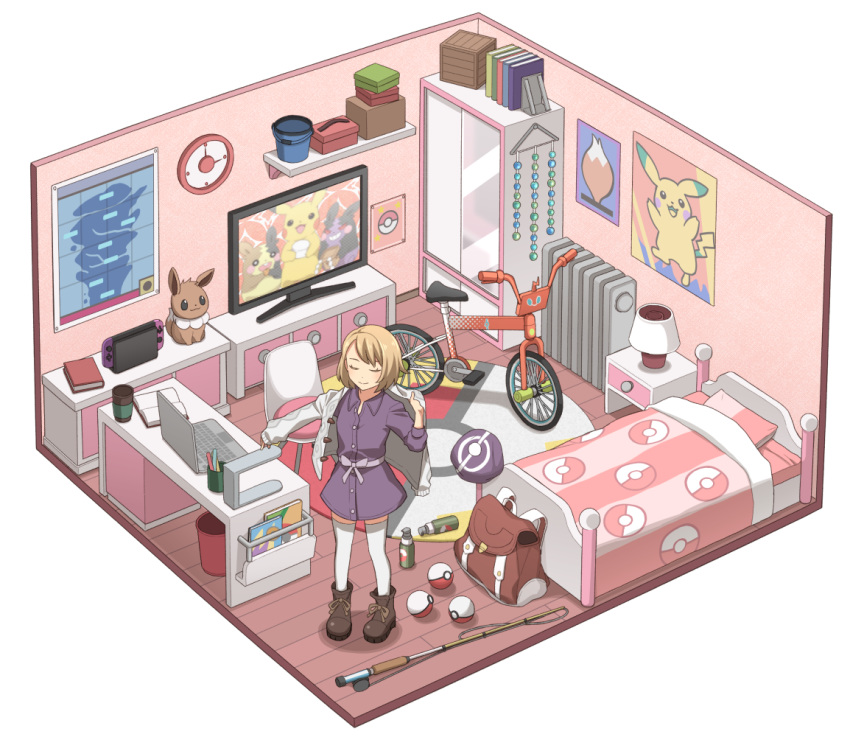 1girl backpack backpack_removed bag bed bob_cut book boots brown_backpack buttons cardigan chair clock closed_eyes closed_mouth clothes_hanger collared_dress commentary_request desk dress dressing eevee fishing_rod gen_1_pokemon gloria_(pokemon) hat headwear_removed itou_(mogura) nintendo_switch poke_ball poke_ball_(basic) pokemon pokemon_(game) pokemon_swsh poster_(object) purple_dress purple_headwear rotom_bike sash shelf short_hair smile socks standing tam_o'_shanter television trash_can wardrobe white_cardigan