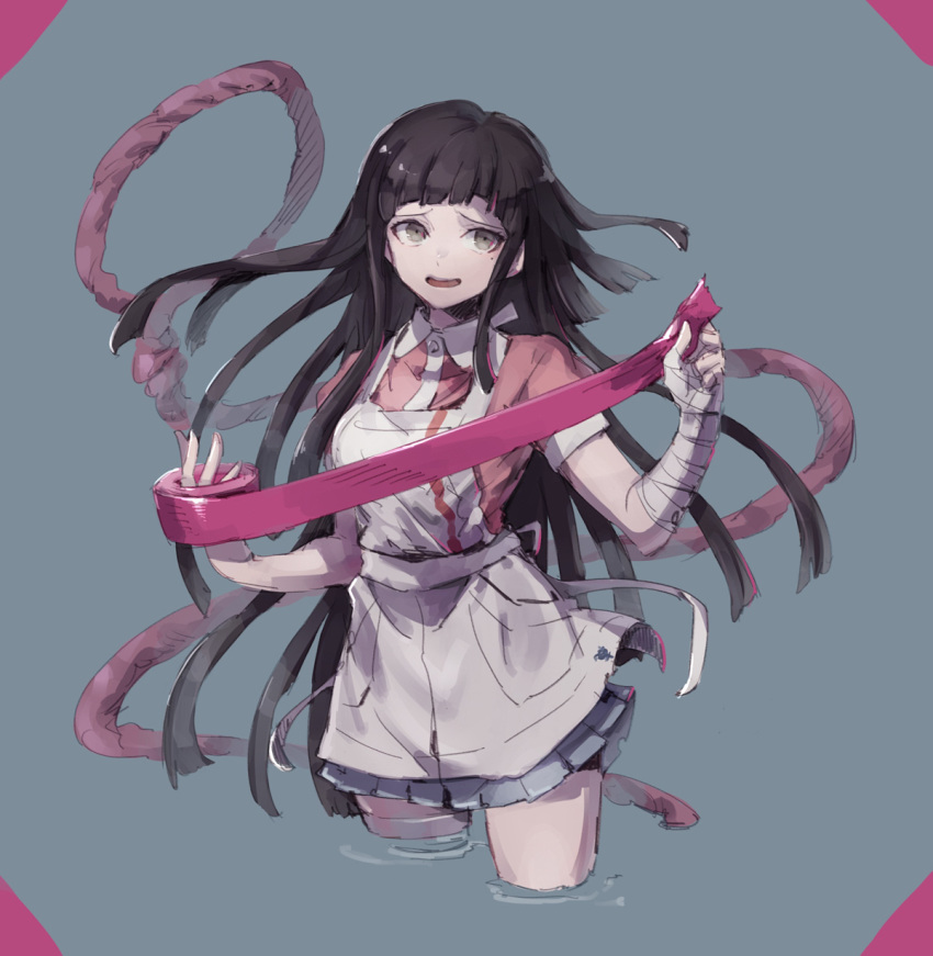 1girl apron asuna_(doruru-mon) bandaged_arm bandaged_leg bandages bangs black_hair blood bloody_clothes brown_eyes commentary_request cowboy_shot cropped_legs dangan_ronpa hands_up highres holding_bandages light_smile long_hair looking_at_viewer mole mole_under_eye nurse open_mouth pink_blood pink_shirt shirt short_sleeves skirt standing super_dangan_ronpa_2 tsumiki_mikan white_apron