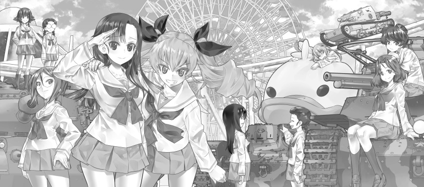 6+girls absurdres amusement_park anchovy_(girls_und_panzer) anzio_(emblem) arm_around_shoulder arms_behind_back asymmetrical_bangs azumi_(girls_und_panzer) bangs bird blouse braid carpaccio_(girls_und_panzer) carro_veloce_cv-33 closed_eyes closed_mouth clouds cloudy_sky commentary drill_hair duck emblem eyebrows_visible_through_hair ferris_wheel frown fukuda_(girls_und_panzer) girls_und_panzer girls_und_panzer_gekijouban glasses greyscale grin ground_vehicle hair_ribbon hand_on_another's_shoulder highres hosomi_(girls_und_panzer) inou_takashi loafers long_hair long_sleeves looking_at_another looking_at_viewer m24_chaffee medium_hair megumi_(girls_und_panzer) military military_vehicle miniskirt monochrome motor_vehicle multiple_girls neckerchief nishi_kinuyo ooarai_school_uniform opaque_glasses open_mouth outdoors parted_bangs parted_lips pepperoni_(girls_und_panzer) pleated_skirt pointing ribbon roller_coaster round_eyewear rumi_(girls_und_panzer) salute school_uniform serafuku shoes short_hair side-by-side side_braid single_braid sitting skirt sky smile socks standing standing_at_attention swept_bangs tamada_(girls_und_panzer) tank twin_braids twin_drills twintails type_95_ha-gou type_97_chi-ha