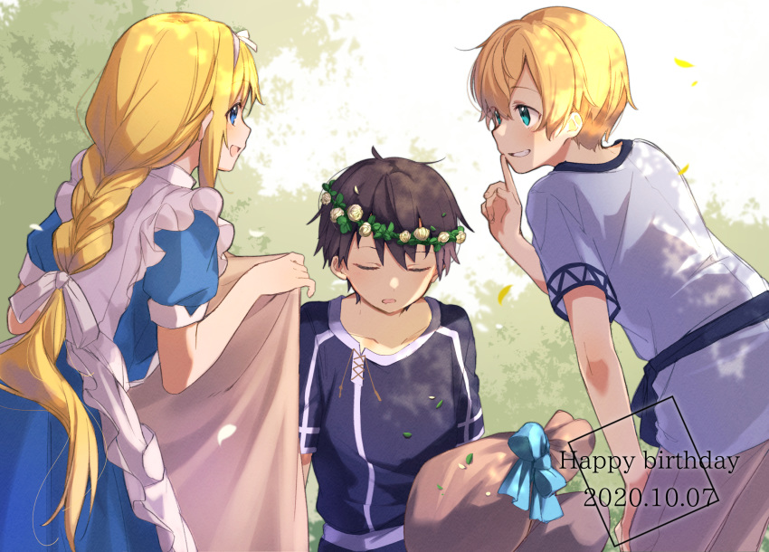 1girl 2boys alice_zuberg apron bangs black_hair blonde_hair blue_bow blue_dress blue_eyes blue_shirt bow braid braided_ponytail child collarbone commentary_request dated dress eugeo eyebrows_visible_through_hair finger_to_mouth from_behind hand_on_own_knee happy_birthday head_wreath highres holding_blanket index_finger_raised kirito leaning_forward long_hair multiple_boys noro_(ro_no) open_mouth ribbon shirt short_hair short_sleeves shushing single_braid sitting sleeping smile sword_art_online very_long_hair white_apron