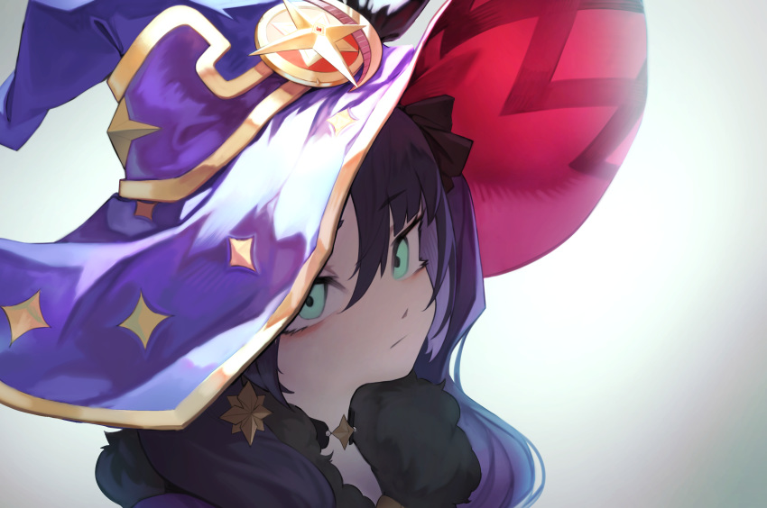 1girl absurdres aqua_eyes bangs choker closed_mouth earrings eyebrows_visible_through_hair fur_collar genshin_impact gilmang grey_background hair_between_eyes hair_ribbon hat highres jewelry long_hair mona_(genshin_impact) purple_hair purple_headwear ribbon simple_background solo twintails upper_body witch_hat