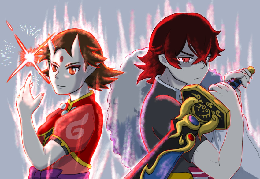 1boy 1girl amano_natsume back-to-back dark_persona demon_horns fighting_stance red_eyes youkai_watch youkai_watch_shadowside