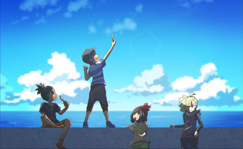 1girl 3boys arm_up baseball_cap beanie black_hair black_shirt blonde_hair blue_footwear capri_pants clenched_hand clouds commentary_request day elio_(pokemon) food gladion_(pokemon) hat hau_(pokemon) highres holding miu_(miuuu_721) mouth_hold multiple_boys orange_footwear outdoors pants pokemon pokemon_(game) pokemon_sm popsicle red_headwear selene_(pokemon) shirt shoes short_sleeves shorts sitting sky standing