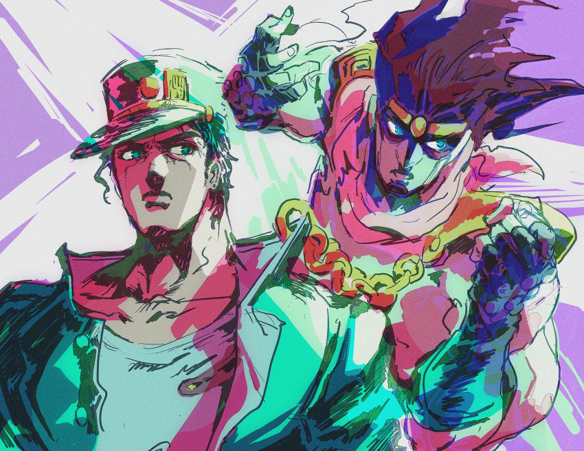 2boys armband armor black_hair chain clenched_hand closed_mouth collarbone fingerless_gloves fingernails gibagiba gloves green_eyes hat highres jojo_no_kimyou_na_bouken kuujou_joutarou multiple_boys muscle pauldrons shoulder_armor sketch stand_(jojo) star_platinum upper_body