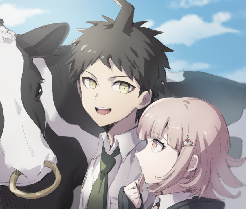 1boy 1girl ahoge asuna_(doruru-mon) black_jacket brown_hair clouds collared_shirt commentary_request cow dangan_ronpa day face from_side green_neckwear hair_ornament hairclip hand_up highres hinata_hajime jacket light_brown_hair long_sleeves looking_at_another nanami_chiaki necktie nose_piercing nose_ring open_mouth piercing pink_eyes school_uniform shirt short_hair sleeves_past_wrists smile spaceship_hair_ornament super_dangan_ronpa_2 upper_teeth white_shirt