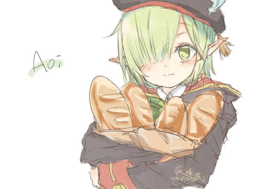 1girl aoi_(princess_connect!) bag baguette bangs blush bread closed_mouth elf food green_eyes green_hair hat holding holding_food jacket looking_at_viewer paper_bag pointy_ears princess_connect! princess_connect!_re:dive sketch xin68_yakaimin