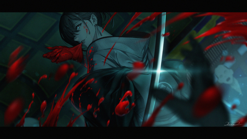 1boy 1girl 1other absurdres bite_addict biting black_hair blood blood_on_face blood_splatter bloody_clothes blurry blurry_foreground brown_hair earrings film_grain glove_biting gloves hair_over_one_eye highres japanese_clothes jewelry katana kimono murder nier_(series) parted_lips patterned patterned_clothing pov red_gloves short_hair signature single_earring surprised sword weapon white_kimono