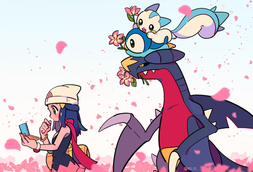 1girl beanie blue_eyes blue_hair blush_stickers chueog closed_mouth hikari_(pokemon) eyelashes flower garchomp gen_4_pokemon hair_ornament hairclip hat highres holding long_hair mouth_hold pachirisu petals pink_flower piplup pokemon pokemon_(creature) pokemon_(game) pokemon_dppt scarf watermark white_headwear