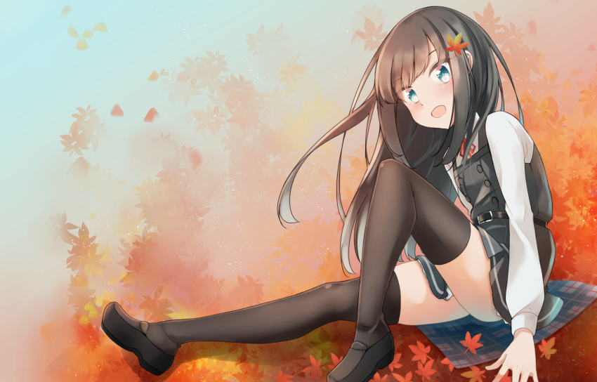 1girl asashio_(kantai_collection) autumn_leaves belt black_hair black_legwear blue_eyes comah commentary_request dress hair_ornament highres kantai_collection leaf long_hair long_sleeves looking_at_viewer open_mouth pinafore_dress remodel_(kantai_collection) school_uniform shirt shoes sitting solo thigh-highs white_shirt