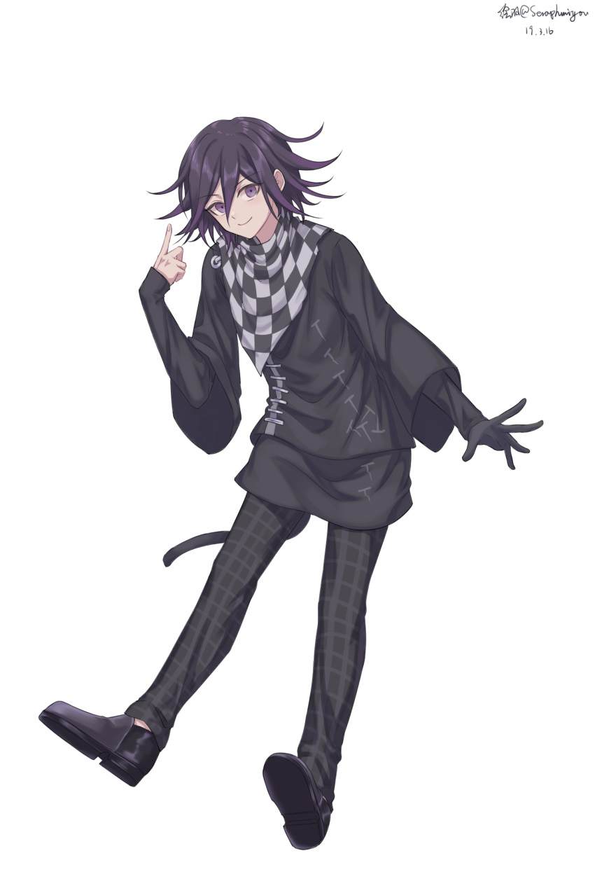 1boy alternate_costume bangs black_footwear black_hair black_legwear black_pants black_skirt checkered checkered_scarf closed_mouth commentary_request dangan_ronpa ewa_(seraphhuiyu) full_body gloves hair_between_eyes hand_up highres layered_sleeves long_sleeves looking_at_viewer male_focus new_dangan_ronpa_v3 ouma_kokichi pants plaid plaid_pants purple_hair scarf shirt short_hair simple_background single_glove skirt sleeves_past_wrists smile solo violet_eyes white_background