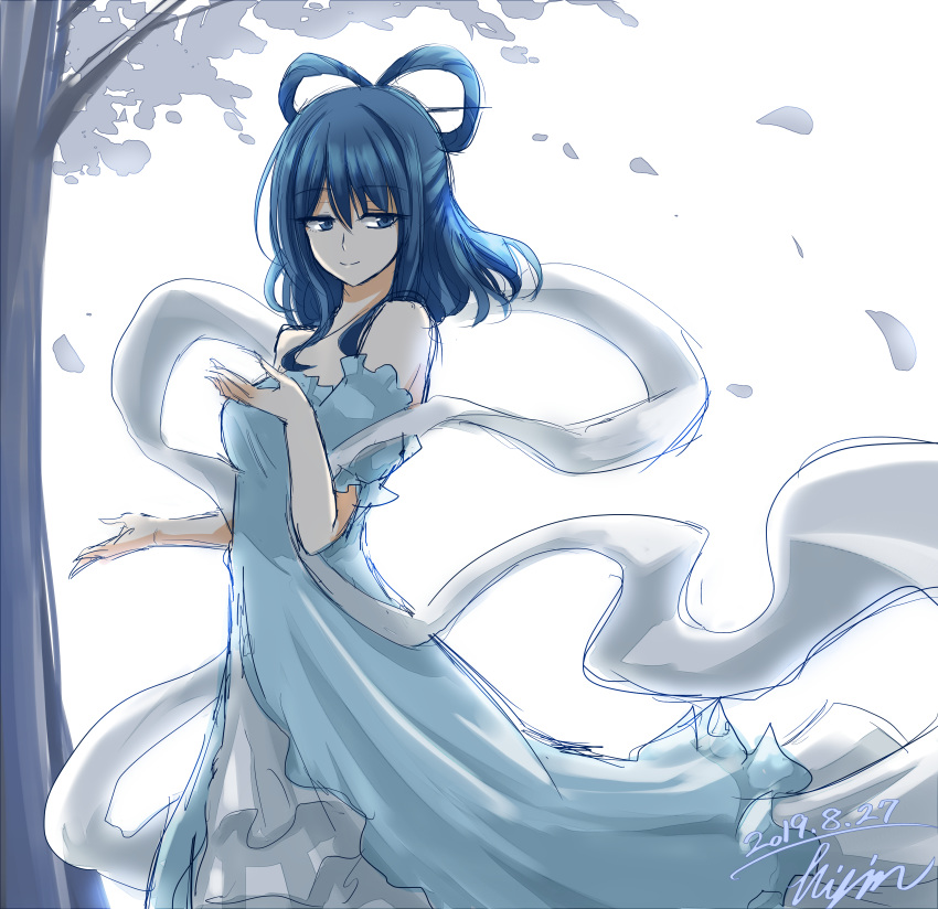 1girl absurdres artist_name bare_shoulders blue_eyes blue_hair breasts closed_mouth commentary_request dated dress eyebrows_visible_through_hair feet_out_of_frame hagoromo hair_ornament hair_rings hair_stick half-closed_eyes highres hisin kaku_seiga leaf light_blue_dress long_dress looking_to_the_side medium_breasts medium_hair puffy_short_sleeves puffy_sleeves shawl short_sleeves signature smile solo standing touhou tree white_background