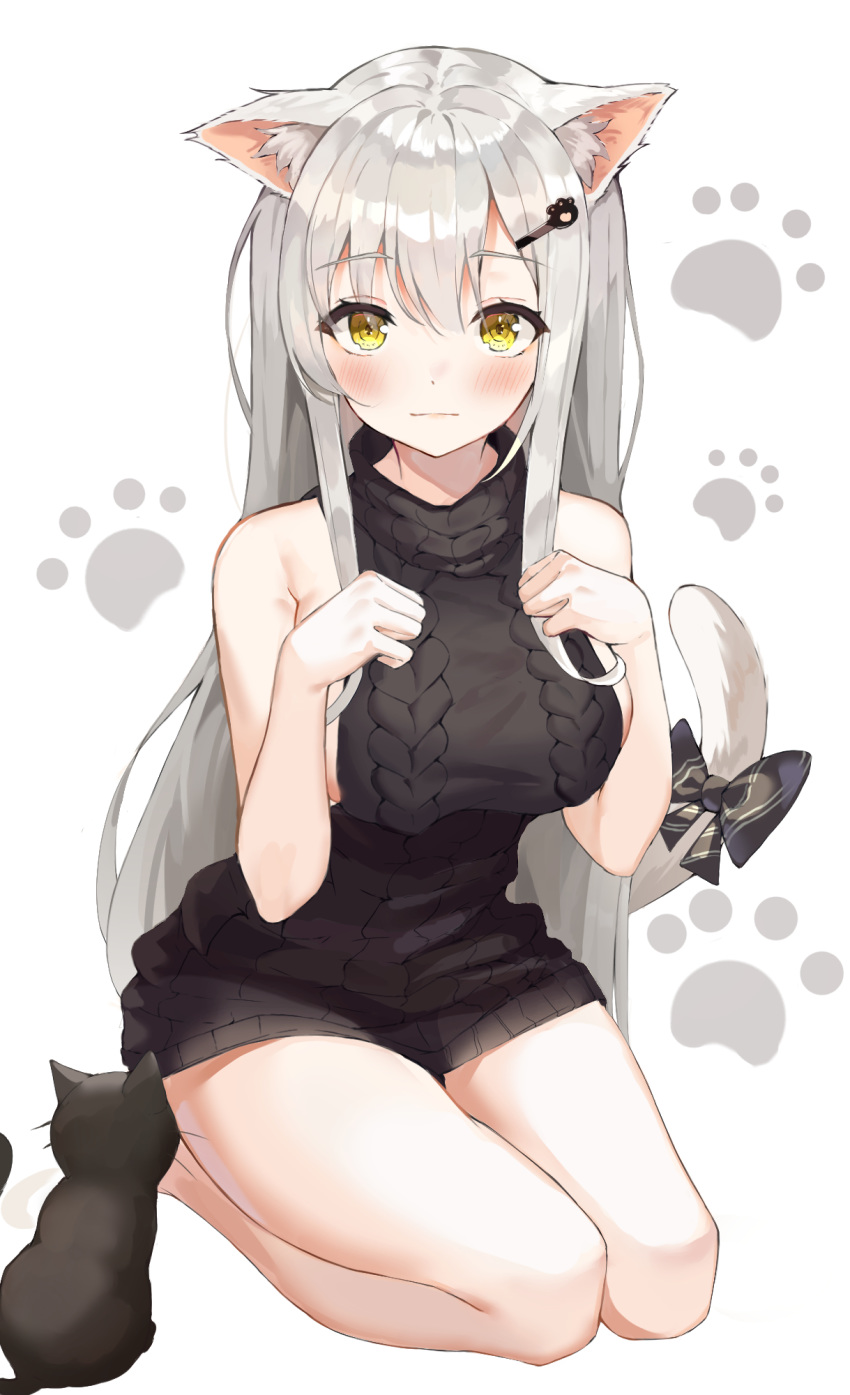 1girl animal animal_ears aran_sweater bangs bare_arms bare_legs bare_shoulders black_bow black_cat black_sweater blush bow breasts cat cat_ears cat_girl cat_tail closed_mouth dress eyebrows_visible_through_hair full_body grey_hair hair_ornament hairclip hands_up highres large_breasts long_hair looking_at_viewer lotpi medium_breasts meme_attire original paw_background paw_hair_ornament paw_pose paw_print seiza silver_hair sitting sleeveless sleeveless_sweater sleeveless_turtleneck smile solo sweater sweater_dress tail tail_bow thighs turtleneck very_long_hair virgin_killer_sweater white_background yellow_eyes