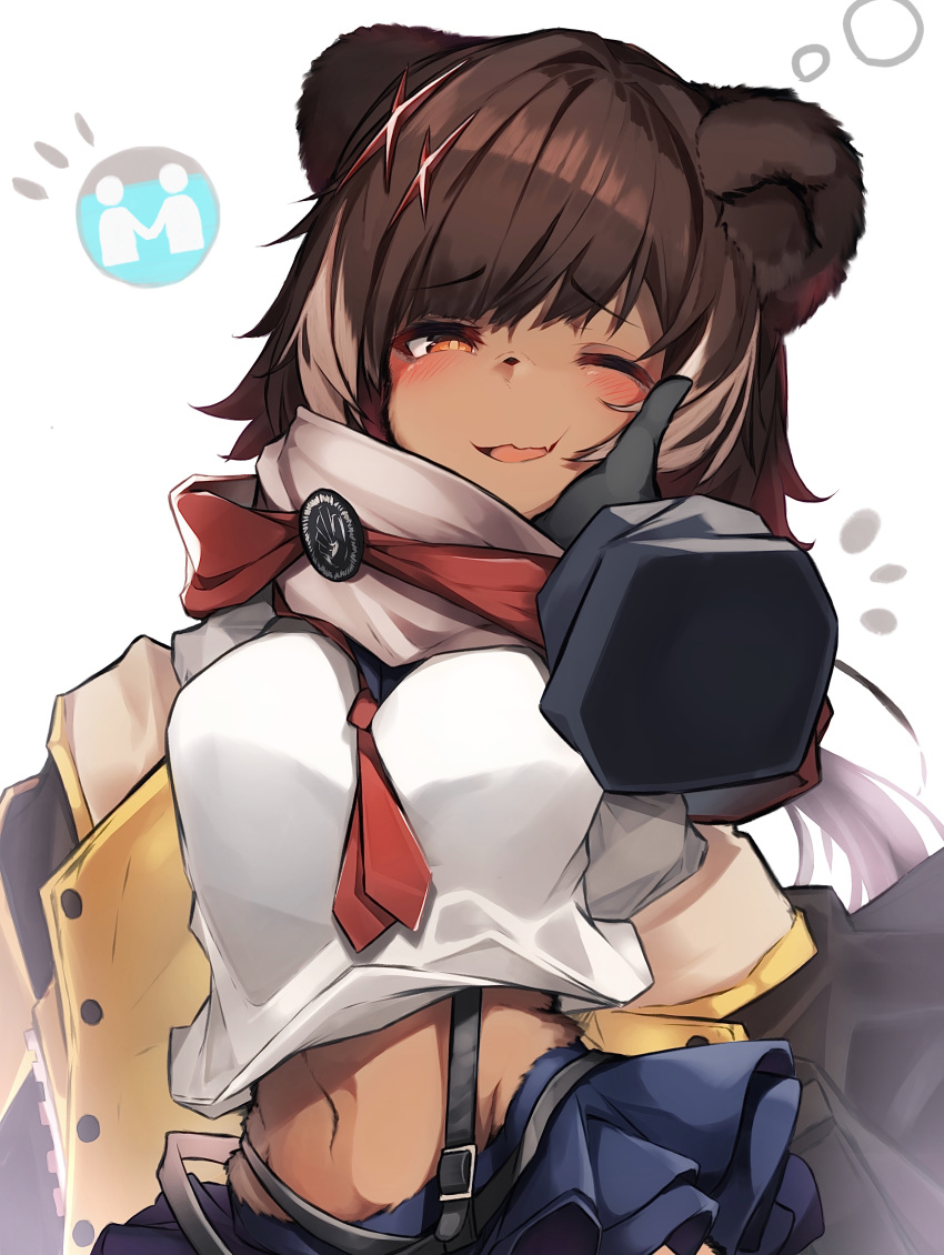 1girl absurdres animal_ears arknights bear_ears blush brown_hair commentary_request disembodied_limb fang fur furrification furry hand_on_another's_cheek hand_on_another's_face highres leto_(arknights) looking_at_viewer navel one_eye_closed open_mouth orange_eyes short_hair skin_fang smile solo_focus tab_head