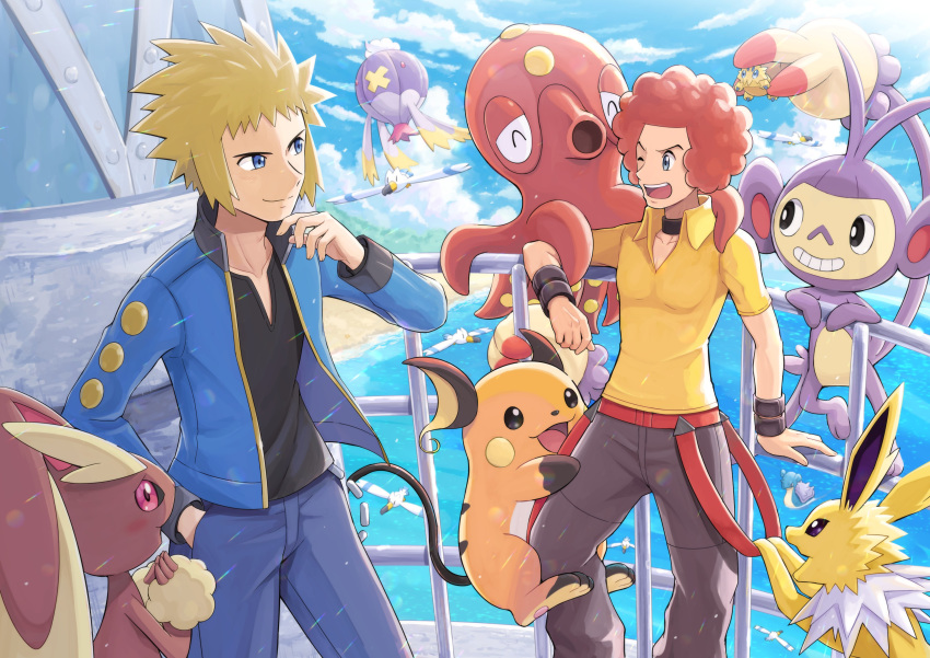 2boys absurdres afro ambipom black_shirt blonde_hair blue_eyes blue_jacket closed_mouth clouds commentary_request day drifblim elite_four fence flint_(pokemon) gen_1_pokemon gen_2_pokemon gen_3_pokemon gen_4_pokemon gen_5_pokemon gym_leader hand_up highres jacket jolteon joltik long_sleeves lopunny multiple_boys octillery open_clothes open_jacket open_mouth outdoors pants pokemoa pokemon pokemon_(game) pokemon_dppt raichu redhead sand shirt shore short_sleeves sky smile teeth tongue volkner_(pokemon) water wingull yellow_shirt