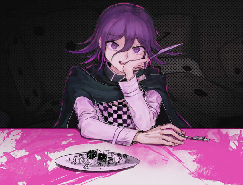1boy bangs black_cape cape checkered checkered_scarf chin_rest commentary dangan_ronpa dice fork hair_between_eyes halftone halftone_background hand_on_own_cheek hand_up holding holding_fork holding_knife jacket knife long_sleeves looking_at_viewer male_focus new_dangan_ronpa_v3 open_mouth ouma_kokichi plate polka_dot polka_dot_background purple_hair rb_(rb0221) scarf short_hair sitting smile solo straitjacket upper_body violet_eyes