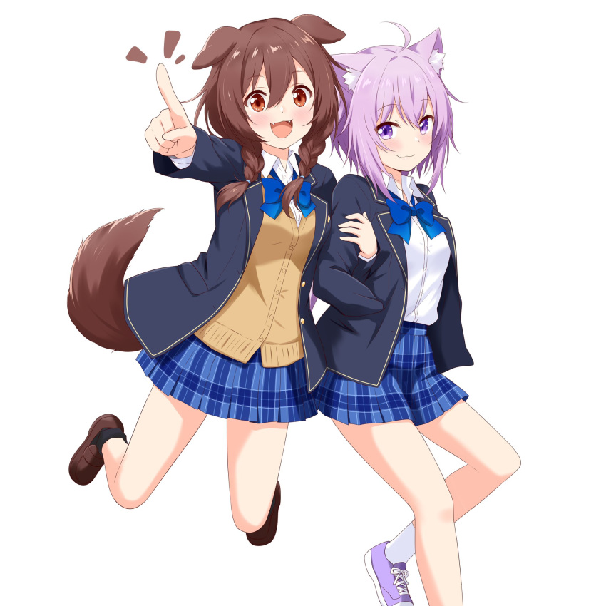 2girls animal_ear_fluff animal_ears bangs black_legwear blazer blue_jacket blue_neckwear blue_skirt blush bow bowtie braid brown_eyes brown_hair cardigan cat_ears cat_girl collared_shirt commentary_request dog_ears dog_girl dog_tail eyebrows_visible_through_hair fangs felutiahime hair_between_eyes hand_in_pocket highres holding_another's_arm hololive inugami_korone jacket loafers long_hair looking_at_viewer multiple_girls nekomata_okayu notice_lines open_blazer open_clothes open_jacket open_mouth plaid plaid_skirt pleated_skirt pointing purple_hair shirt shoes short_hair sidelocks simple_background skirt smile sneakers socks tail twin_braids violet_eyes virtual_youtuber white_background white_legwear white_shirt
