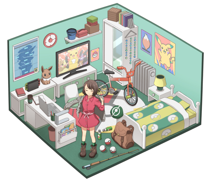 1girl backpack backpack_removed bag bed bob_cut book boots brown_backpack buttons cardigan chair clock closed_eyes closed_mouth clothes_hanger collared_dress commentary_request desk dress dressing eevee fishing_rod gen_1_pokemon gloria_(pokemon) green_headwear grey_cardigan hat headwear_removed itou_(mogura) nintendo_switch pink_dress poke_ball poke_ball_(basic) pokemon pokemon_(game) pokemon_swsh poster_(object) rotom_bike sash shelf short_hair smile socks standing tam_o'_shanter television trash_can wardrobe