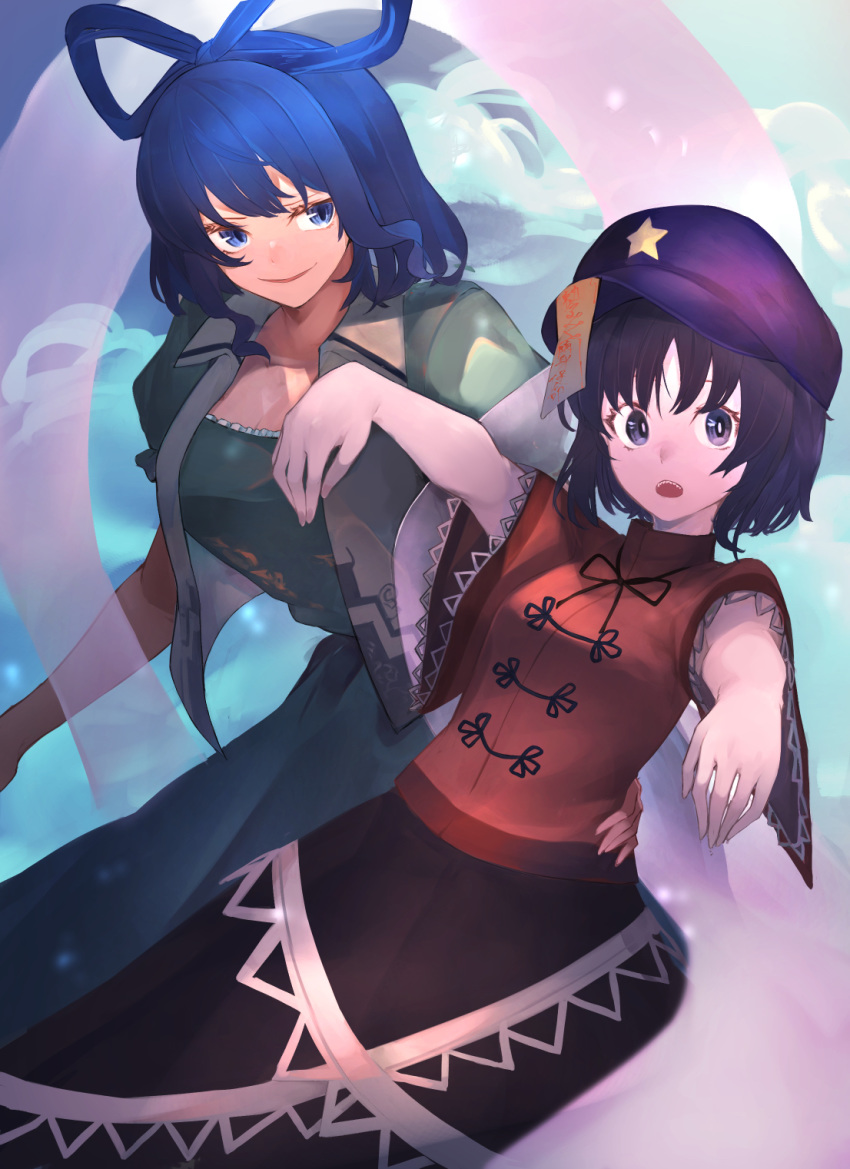 2girls :o aqua_background aqua_dress black_neckwear black_ribbon black_skirt blue_eyes blue_hair breasts chinese_clothes commentary_request dress eyebrows_behind_hair gradient hagoromo hair_rings hand_on_another's_hip highres hiiragi_mikoto kaku_seiga large_breasts looking_to_the_side medium_breasts miyako_yoshika multiple_girls neck_ribbon ofuda open_clothes open_mouth open_vest outstretched_arms parted_lips purple_hair purple_headwear red_shirt ribbon sharp_teeth shawl shirt short_hair skirt smile star_(symbol) teeth touhou vest violet_eyes white_vest wide_sleeves zombie_pose