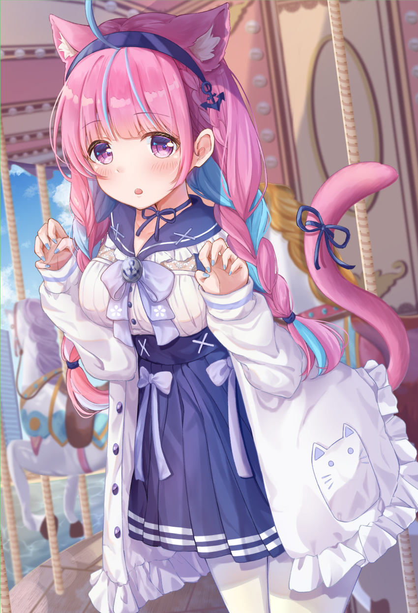 1girl :o absurdres animal_ears blush braid breasts cat_ears hair_tie hairband highres hololive jacket large_breasts long_hair looking_at_viewer minato_aqua nayuuchan open_mouth pantyhose pink_eyes pink_hair ribbon school_uniform skirt solo standing tail tail_raised tail_ribbon twintails virtual_youtuber white_legwear