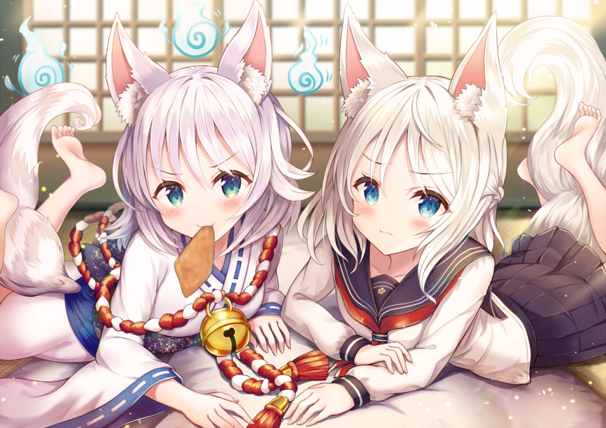 &gt;:) 2girls :t aburaage animal_ear_fluff animal_ears bangs barefoot bell black_sailor_collar black_skirt blue_eyes blurry blurry_background blush braid closed_mouth collarbone commentary_request depth_of_field eyebrows_visible_through_hair food fox_ears fox_girl fox_tail green_eyes hair_between_eyes hitodama indoors japanese_clothes jingle_bell kimono legs_up long_hair long_sleeves looking_at_viewer lying mouth_hold multiple_girls neckerchief on_stomach original pleated_skirt pouch red_neckwear ribbon-trimmed_sleeves ribbon_trim sailor_collar sakura_ani school_uniform serafuku shirt skirt sleeves_past_wrists smile soles tail v-shaped_eyebrows white_hair white_kimono white_shirt wide_sleeves