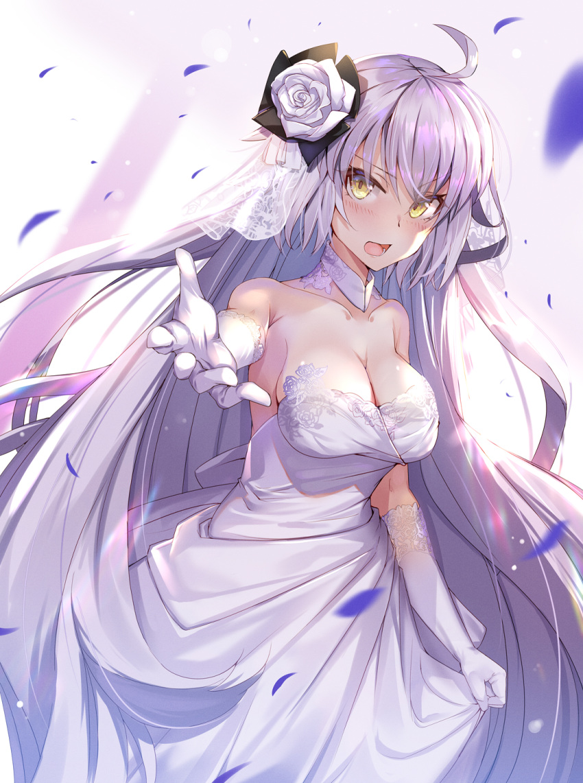 1girl bangs blush breasts bridal_veil dress elbow_gloves fate/grand_order fate_(series) gloves highres jeanne_d'arc_(alter)_(fate) jeanne_d'arc_(fate)_(all) large_breasts long_hair looking_at_viewer open_mouth outstretched_arm petals renka_(renkas) silver_hair veil wedding_dress white_dress white_gloves yellow_eyes