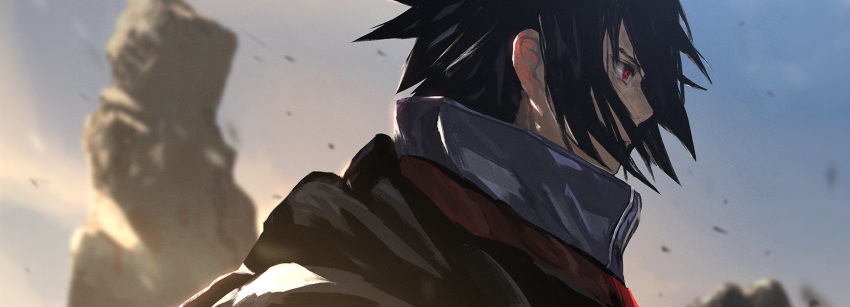 1boy black_hair blurry blurry_background face highres male_focus naruto_(series) naruto_shippuuden otsumami_(bu-bu-heaven) outdoors red_eyes sand sharingan uchiha_sasuke upper_body wind