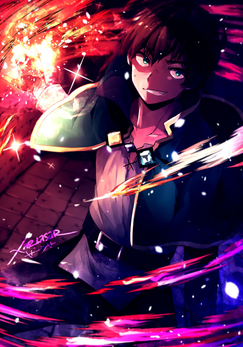 1boy belt collarbone colorful explosion green_eyes grin highres jewelry kono_subarashii_sekai_ni_shukufuku_wo! multicolored multicolored_background pants satou_kazuma shiny smile xarlasar