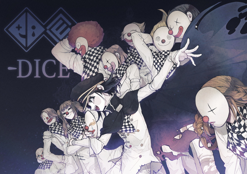 3girls 6+boys absurdres afro arm_behind_head arms_behind_head black_cape blonde_hair braid cape checkered checkered_neckwear checkered_scarf clown_mask dangan_ronpa eyeegg hand_on_hip highres holding holding_mask logo long_sleeves mask multiple_boys multiple_girls new_dangan_ronpa_v3 open_mouth ouma_kokichi scarf straitjacket twin_braids twintails