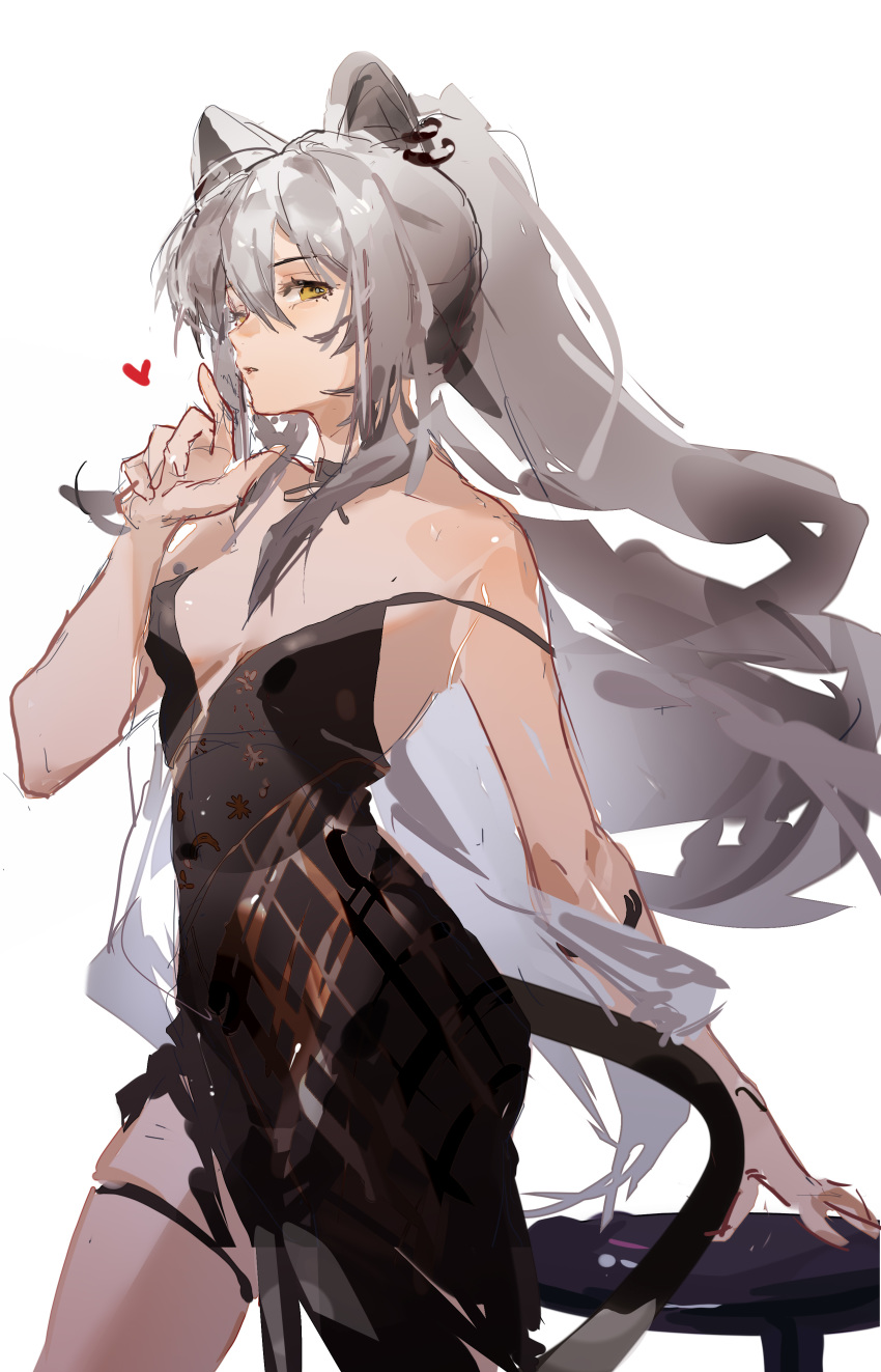 1girl 9degree absurdres alternate_costume animal_ears arknights bangs black_dress breasts cat_ears cat_tail commentary contrapposto cowboy_shot dress earrings finger_to_mouth grey_hair hair_between_eyes heart highres jewelry long_dress long_hair long_ponytail medium_breasts parted_lips ponytail ribbon schwarz_(arknights) side_slit simple_background sketch solo spaghetti_strap standing strap_slip tail thigh_ribbon v-neck very_long_hair white_background yellow_eyes