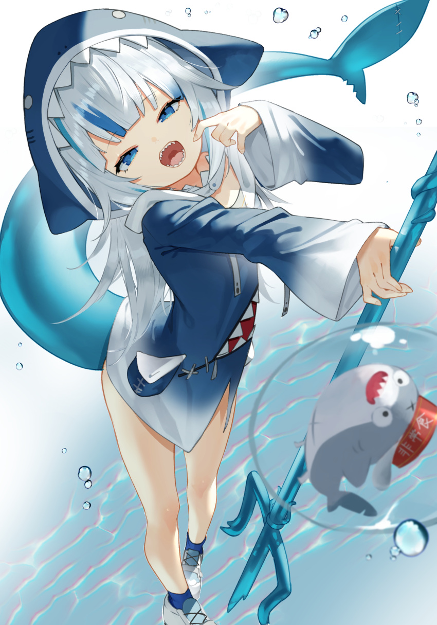1girl absurdres animal_hood bloop_(gawr_gura) blue_eyes blue_hair blue_legwear bottomless bubble dutch_angle flat_chest from_above gawr_gura highres hololive hololive_english hood hood_up hoodie looking_at_viewer multicolored_hair narrowed_eyes open_mouth polearm shark_girl shark_hood shark_tail sharp_teeth shoes silver_hair sneakers socks solo standing standing_on_liquid streaked_hair sukocchi symbol_commentary tail teeth tongue trident virtual_youtuber weapon white_footwear