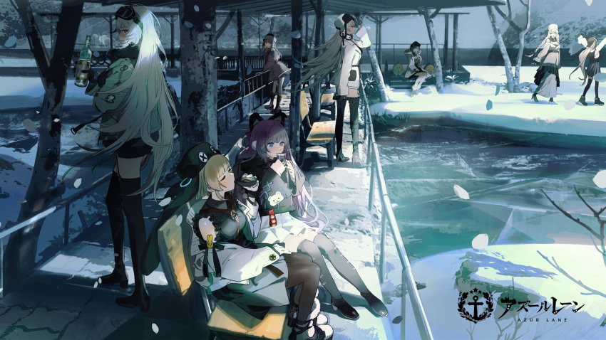 6+girls alcohol avrora_(azur_lane) azur_lane blonde_hair blush chapayev_(azur_lane) closed_eyes drinking gangut_(azur_lane) grozny_(azur_lane) highres kukka long_hair looking_at_viewer looking_away manjuu_(azur_lane) minsk_(azur_lane) multiple_girls outdoors pamiat_merkuria_(azur_lane) sitting snow sovetskaya_rossiya_(azur_lane) standing tashkent_(azur_lane) thigh-highs very_long_hair vodka white_hair