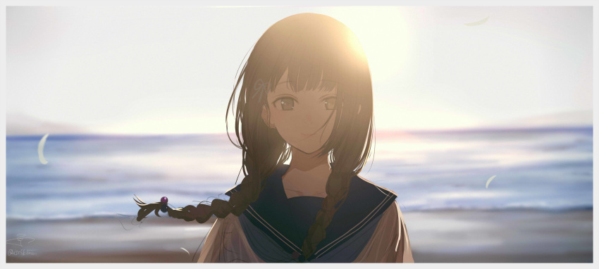 1girl absurdres amemori_sayo backlighting bangs black_sailor_collar blue_ribbon blurry blurry_background braid brown_eyes brown_hair closed_mouth depth_of_field eyebrows_visible_through_hair floating_hair hair_over_shoulder hair_ribbon highres horizon isshiki_(ffmania7) long_hair looking_at_viewer nijisanji ocean ribbon sailor_collar school_uniform serafuku shirt smile solo sun twin_braids twintails upper_body virtual_youtuber water white_shirt