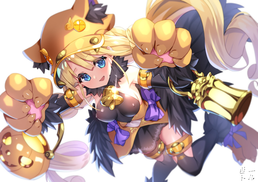 1girl :d bell bettle_(b_s_a_n) black_legwear blonde_hair blue_eyes covered_nipples detached_sleeves flower_knight_girl glint gloves halloween hat highres jack-o'-lantern long_hair neck_bell open_mouth paw_gloves paws sandersonia_(flower_knight_girl) smile thigh-highs very_long_hair white_background