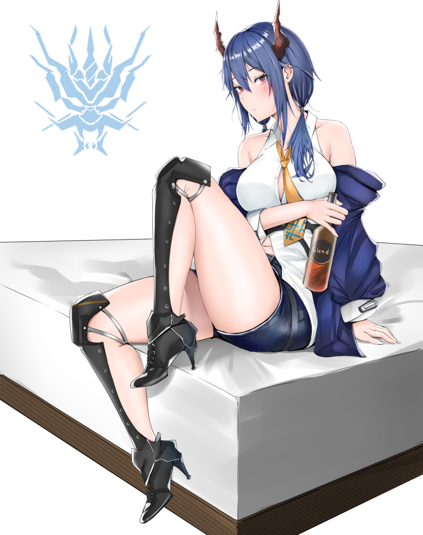 1girl absurdres arknights arm_support bangs bare_shoulders black_footwear blue_hair blue_jacket blush bottle breasts ch'en_(arknights) commentary_request dragon_horns great_lungmen_logo hair_between_eyes high_heels highres holding holding_bottle horns jacket large_breasts long_hair long_sleeves looking_at_viewer milksauce necktie off_shoulder parted_lips red_eyes shin_guards shirt short_shorts shorts sidelocks sitting sleeveless sleeveless_shirt solo thighs white_background white_shirt yellow_neckwear